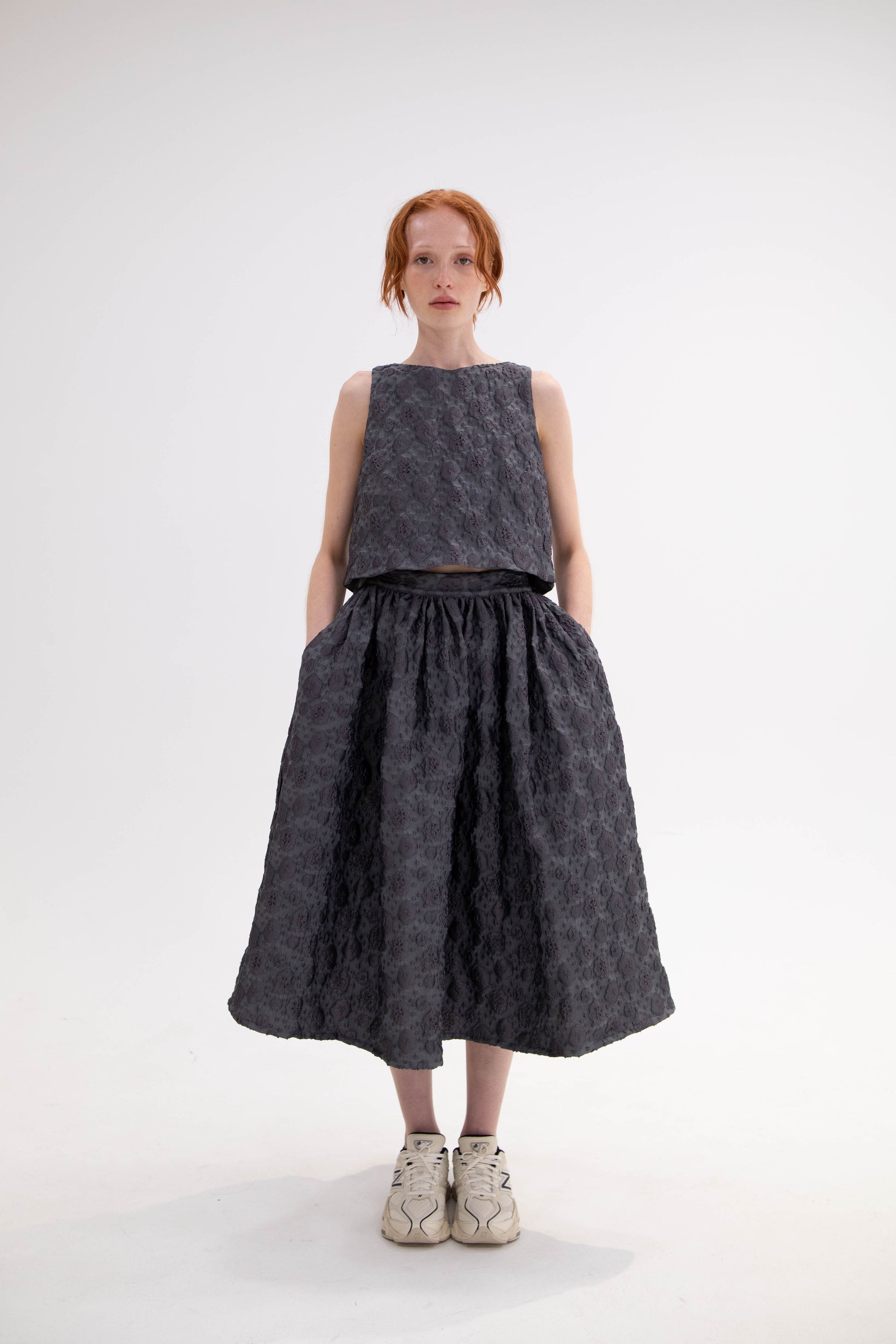 Monique grey, two piece ensemble with hand tied bow and cloud detail, romantic and sophisticated