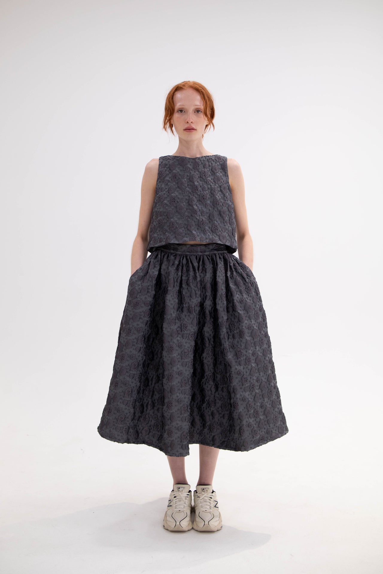 Monique grey, two piece ensemble with hand tied bow and cloud details, romantic and sophisticated